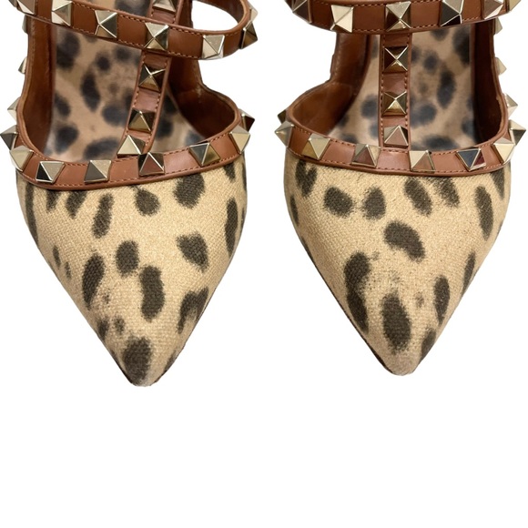 Valentino Garavani Canvas Leopard Print Rockstud Heels Size 37 1/2 - Picture 5 of 11